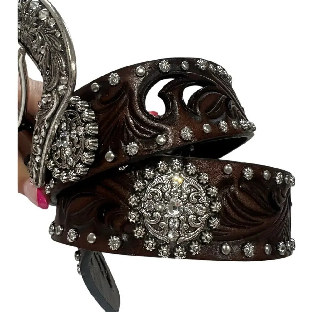 Ariat Women's Brown Cross Concho Embossed Leather Belt Size M A1518602 32-34